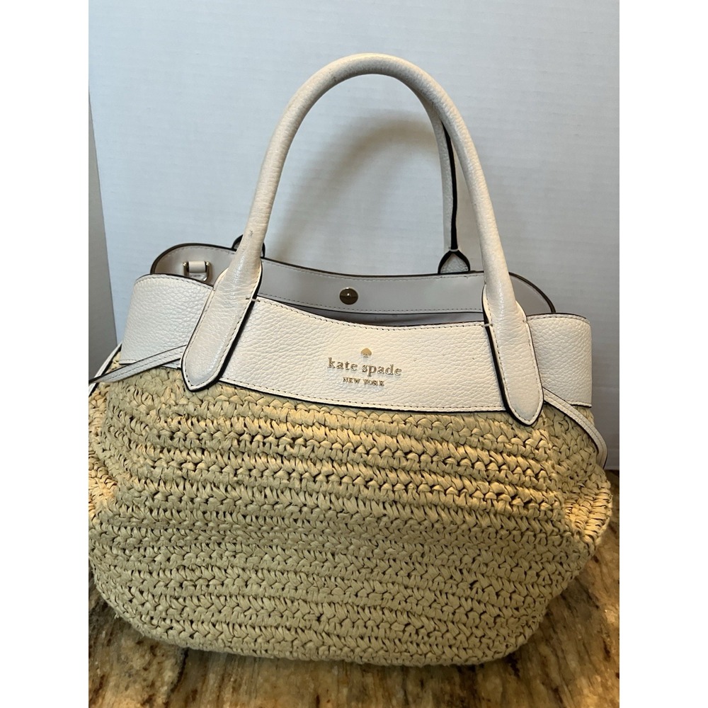 Kate Spade Large Dumpling Woven Straw Purse Satchel Cream Leather Gold Toned